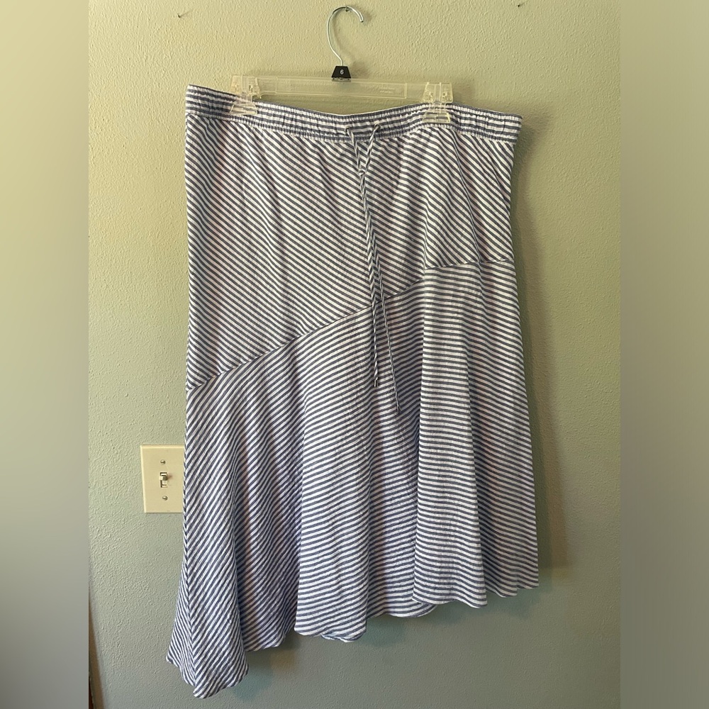 Ralph Lauren blue and white striped assymetric midi skirt, size 14